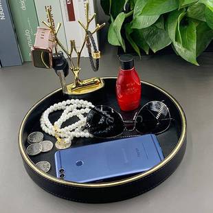 轻奢时尚进门玄关皮质托盘圆形摆件收纳盘五金鹿头挂件钥匙整理