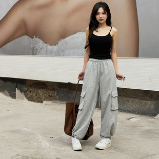 2026春季新款高腰宽松休闲卫裤松紧腰大口袋工装束脚裤慵懒风百搭