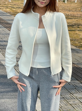 90白鹅绒短外套石墨烯德绒双拉链开衫LU小蛮腰修身摇粒绒立领内搭