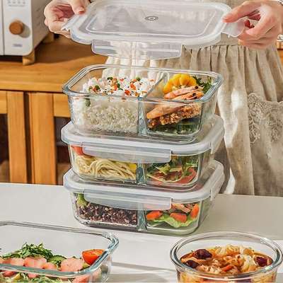 高硼硅玻璃饭盒可微波炉加热专用上班族带盖便当碗分隔餐盒保鲜盒