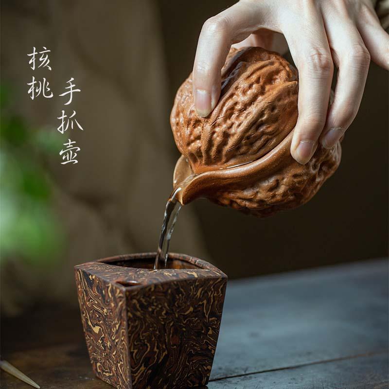 紫砂核桃壶公道杯分茶器仿生器手抓壶一壶一杯茶道配件茶具品茗杯图片