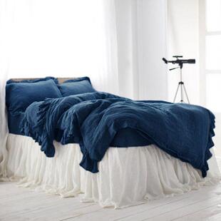 亚麻荷叶边四件套纯色水洗床单被套北欧风床裙三件套床上用品