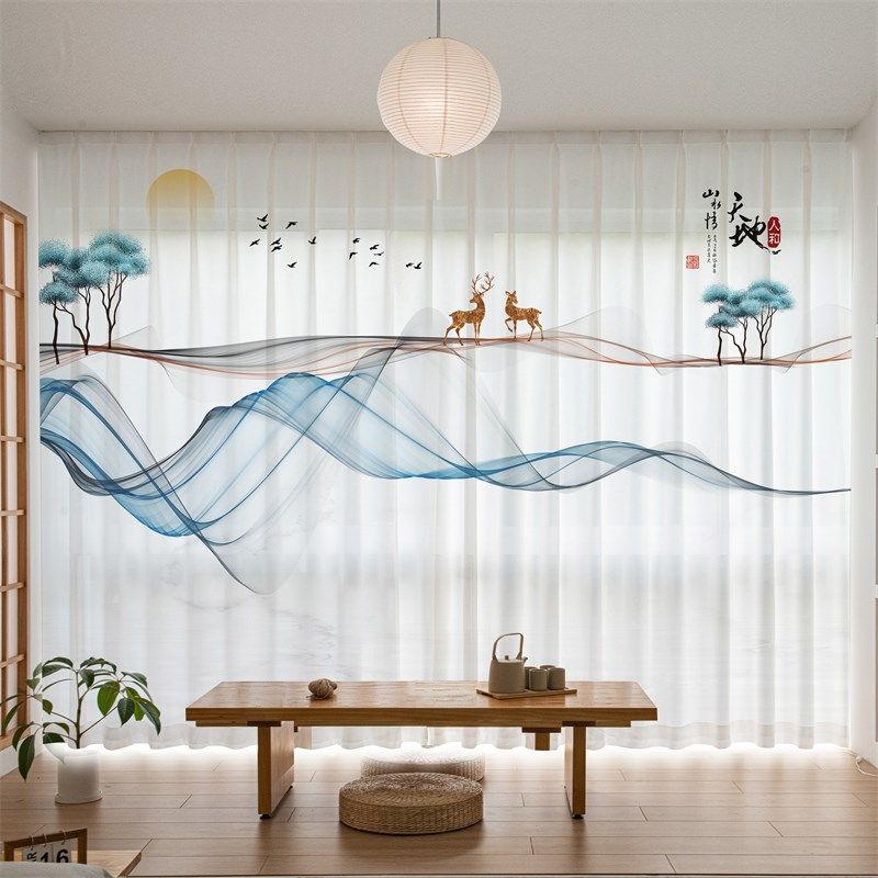 山水画窗帘透光不透人纱帘新中式中国风景客厅办公室阳台隔断挂帘