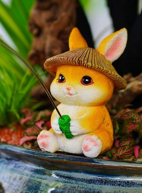 鱼缸造景摆件小兔子垂钓鱼假山流水鱼池花园花盆微景观水族箱装饰