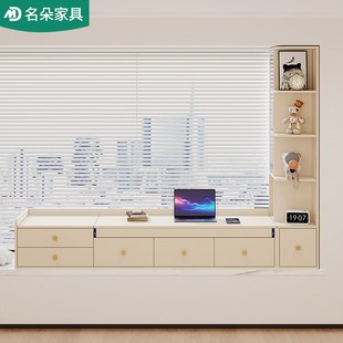 奶油风推拉伸缩飘窗书桌柜梳妆台一体书柜电脑桌阳台抽屉收纳5L59