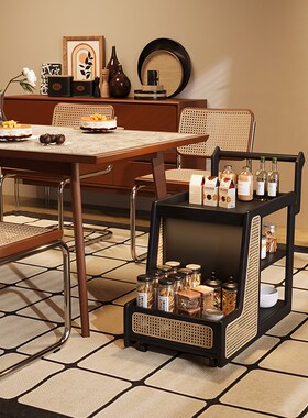 黑色边几小推车可l移动实木茶几桌家用带轮旋转客厅沙发旁边的边