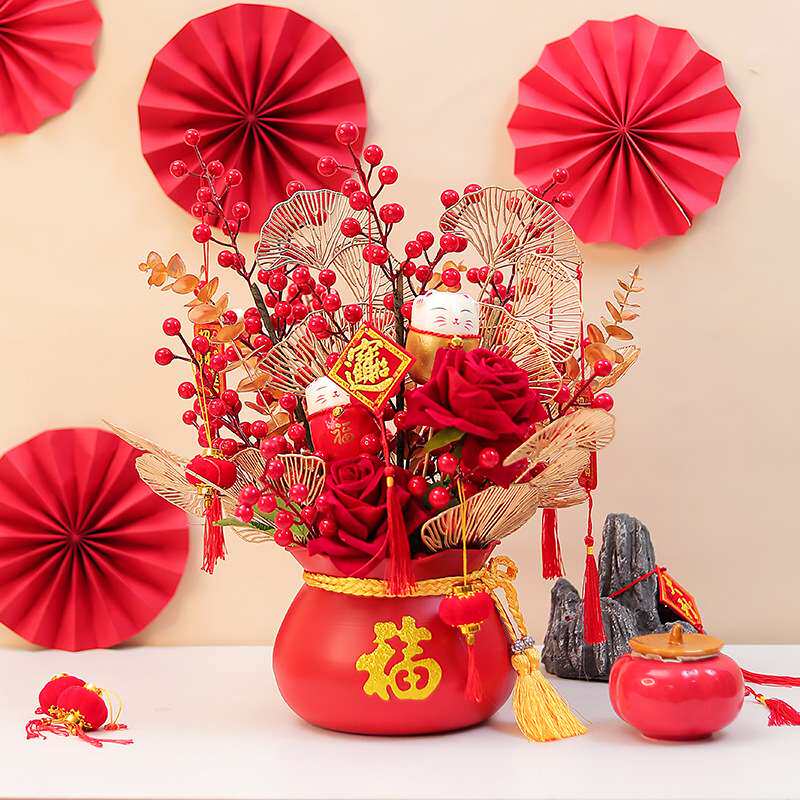 红果发财果仿真花冬青假花年干花福桶插花摆件客厅花艺新年花装饰