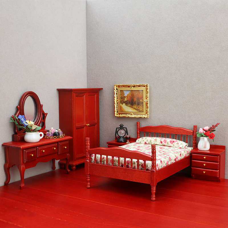 1:12娃娃屋dollhouse迷你家具模型微缩卧室套装微场景床梳妆台柜
