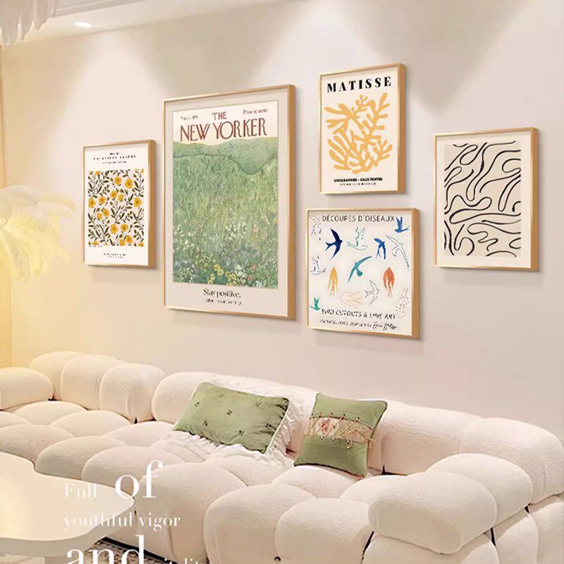 奶油原木风客厅装饰画高欧挂清新艺术组合壁画北档沙发背景墙小画