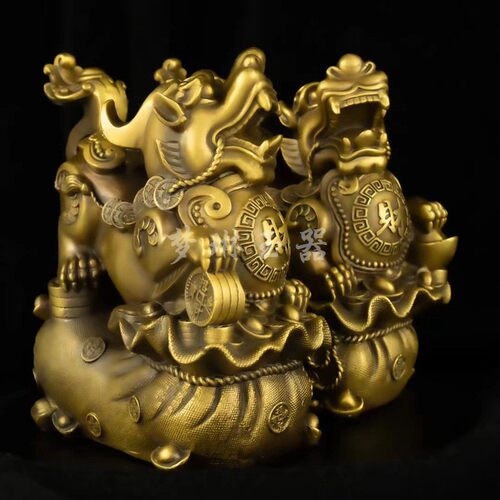 纯铜黄铜精工金钱袋公母发财铜钱貔貅办公室玄关桌面工艺品摆件