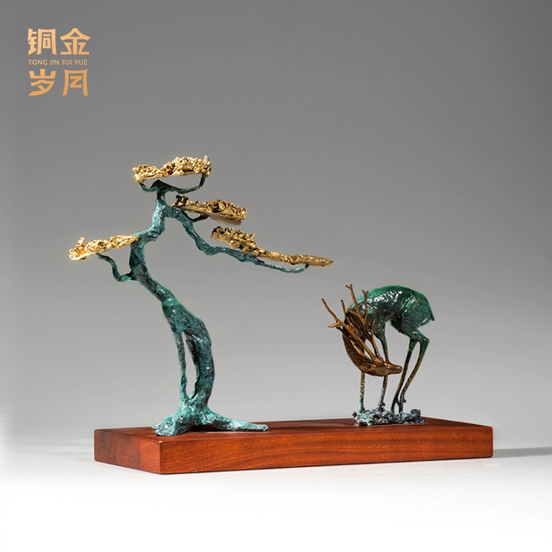 铜艺坊福松财路松树福鹿铜摆件迎客松玄关客厅小鹿黄铜工艺品摆件