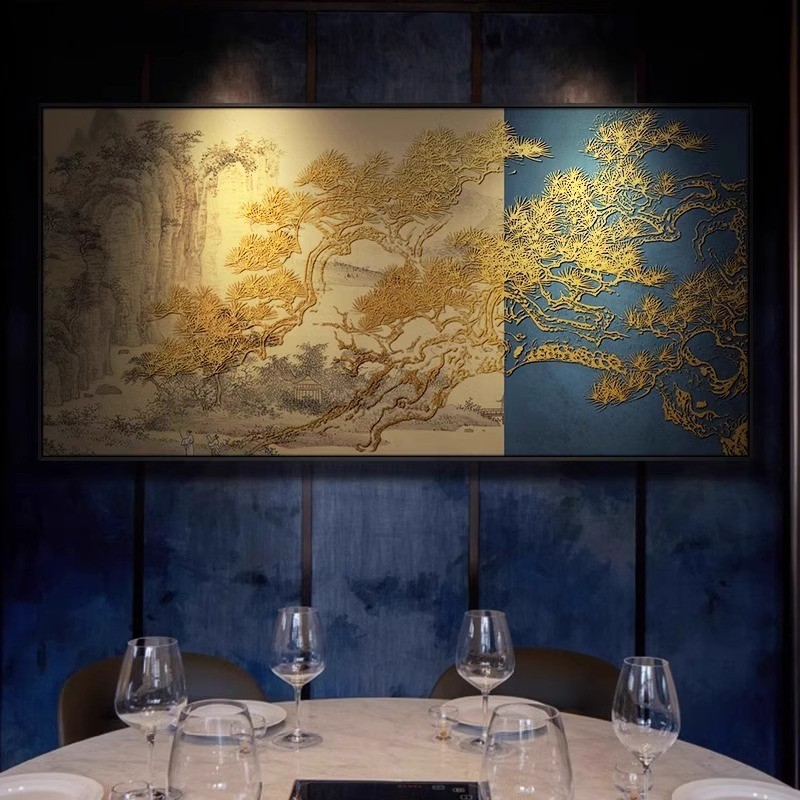 客餐厅高档背景墙挂画新中式大气山水画酒店东方美学立体装饰壁画