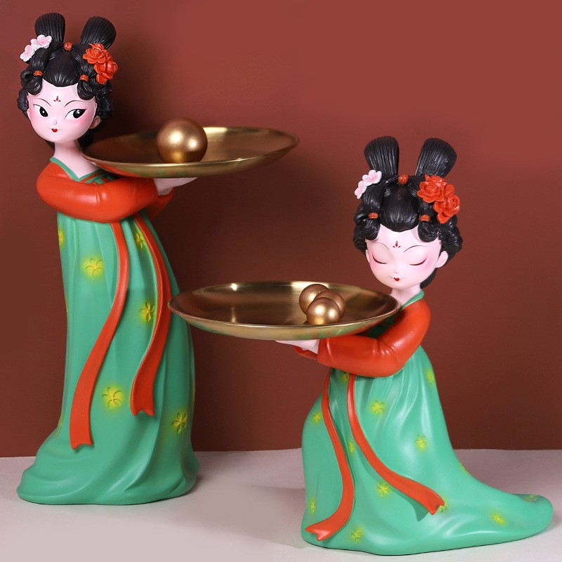 古风少女树脂工艺品玄关钥匙收纳摆件托盘创意家居装饰品客厅