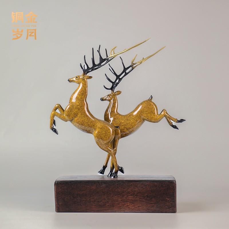 铜艺坊超越双鹿黄铜摆件彩铜梅花鹿摆件客厅电视柜彩铜雕塑工艺品