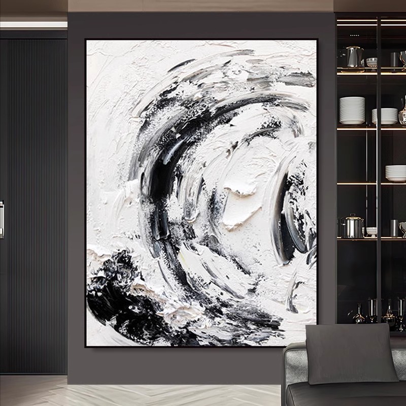 大芬村油画纯手绘抽象黑白立体玄关装饰画现代客厅背景墙肌理挂画