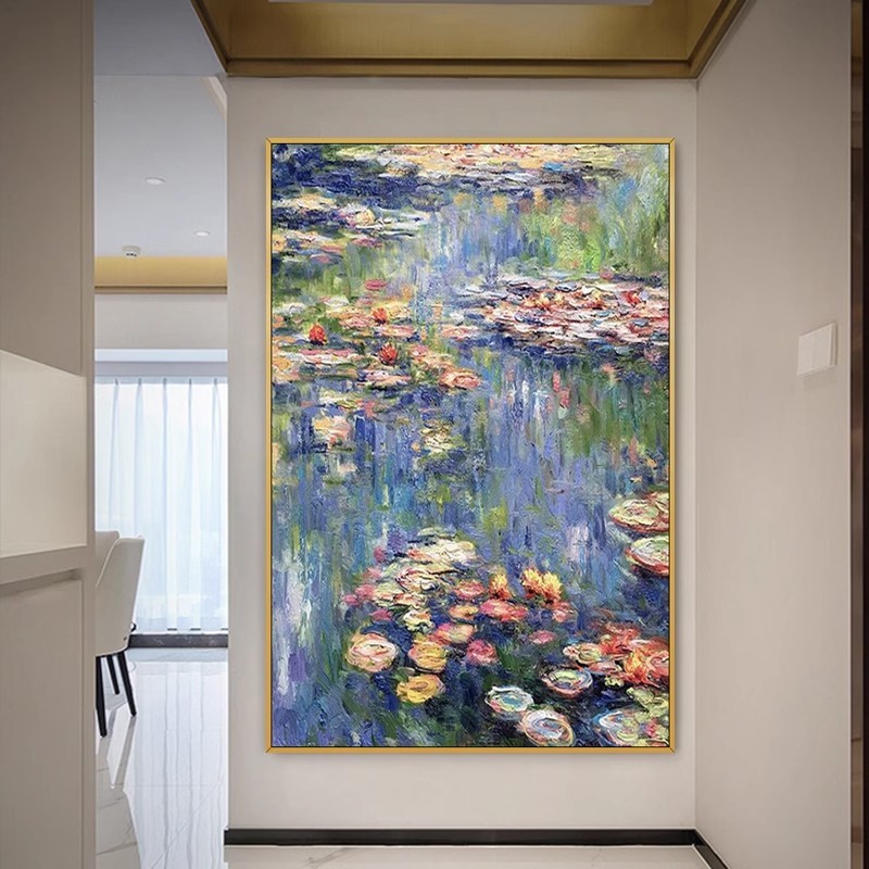 手绘油画莫奈睡莲名画玄关装饰画现代简约客厅背景墙餐厅轻奢挂画