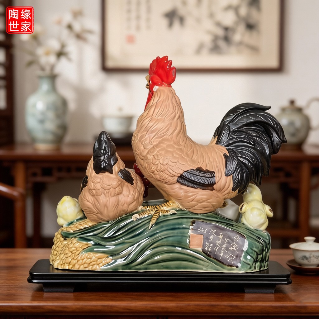 石湾公仔动物陶瓷公鸡母鸡小鸡摆件工艺品客厅酒柜隔断家居装饰品