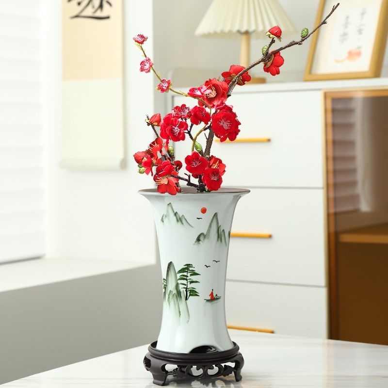 青瓷手绘陶瓷花盆圆形兰花盆家居摆件创意花插桌面装饰工艺品干花