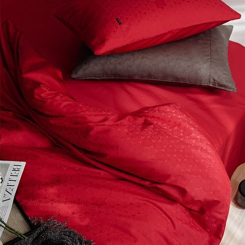 浪漫婚庆100支全棉贡缎四件套玫瑰提花大红色结婚被套床上用品1.8