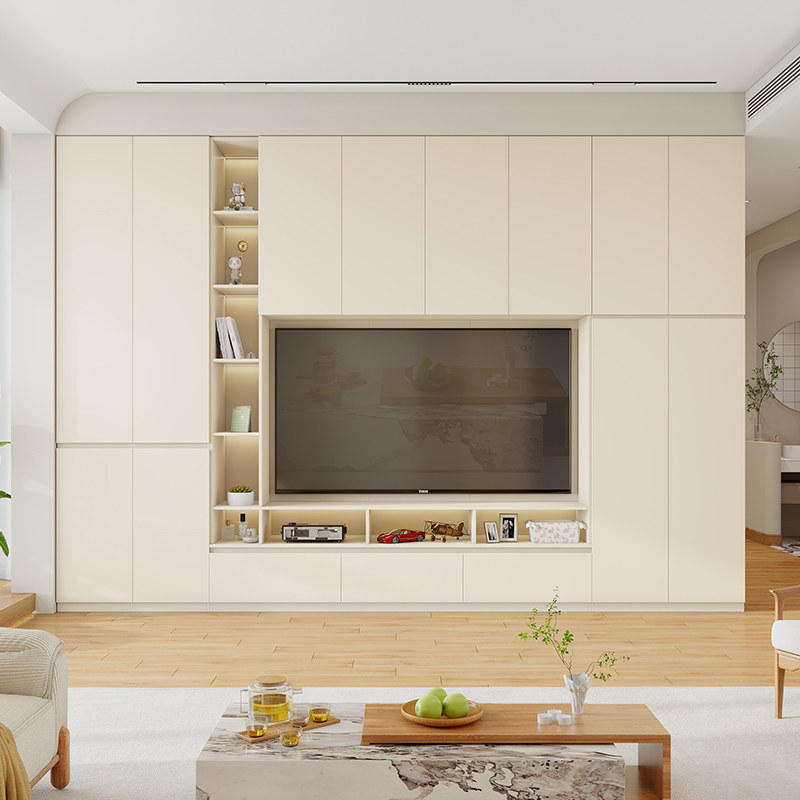定制橡木满墙电视柜75寸白色全实木收纳储物一体客厅家用靠墙边柜