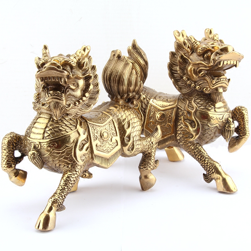 铜麒麟摆件一对黄铜火麒麟办公室I中式客厅装饰品家居摆设