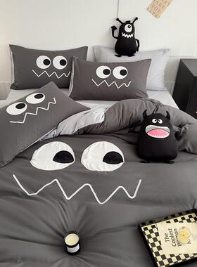 简约风学生宿舍灰色小怪兽床上四件套1.5m床笠卡通被套