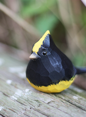 鹿妖商店 肥啾鸟木雕 冕雀 黄鬃鸟 黑鸟 手工实木摆件 黑黄小胖鸟