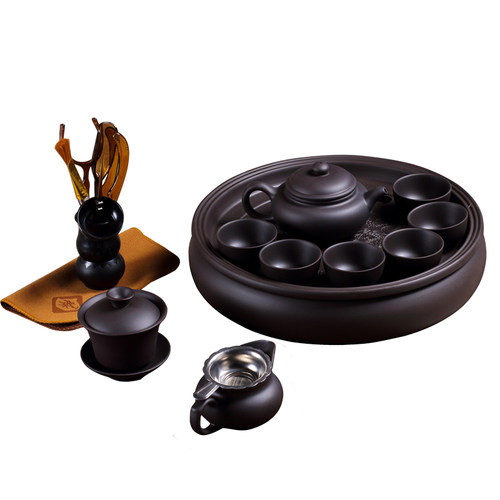 12寸功夫茶具套装简约家用陶瓷紫砂茶壶茶杯圆形茶盘整套现代中式