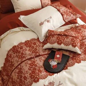 恒洽家纺婚庆全棉床单四件套长绒棉蕾丝结婚四季被套床上用品1.8m