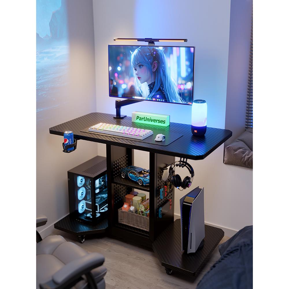 实木电脑桌小型家用卧室电竞桌台式可放主机移动小桌子床边洞洞板