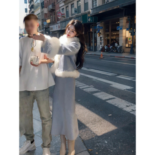 良辰美景  拼接毛毛蓝色短外套上衣鱼尾半身裙长裙两件套装秋冬女