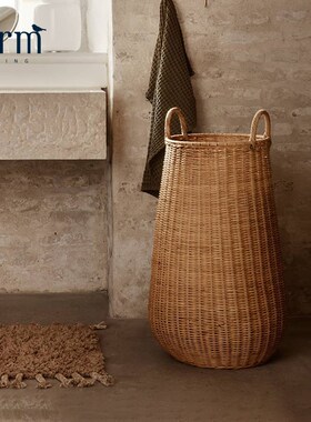 丹麦Ferm Living手工藤编收纳篮卧室脏衣篓浴室家用洗衣篮编织篓