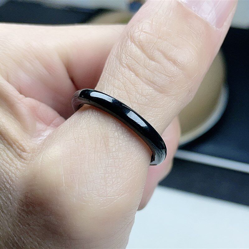 老坑缅甸天然翡翠A货墨翠戒指黑色细边指环细条特色秀气美人条