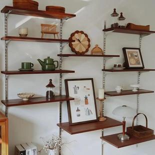 中古风606墙上一字隔板实木书架复古壁挂式 轨道置物架多层收纳架