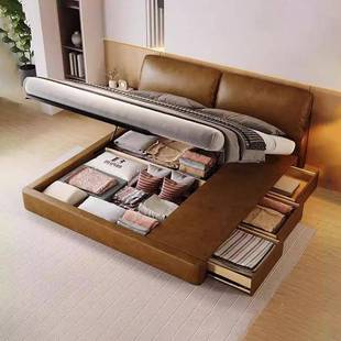 意式 极简真皮软包婚床主卧收纳储物三抽屉复古棕色大象耳朵高箱床