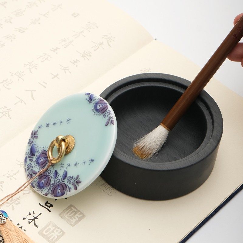 青瓷砚台带盖 高档毛笔砚台笔舔墨台四大名砚磨墨研台火锅砚墨海