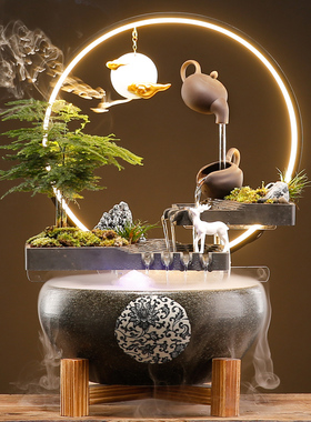 新中式招财流水生财摆件陶瓷鱼缸循环水客厅桌面店铺开业乔迁礼品