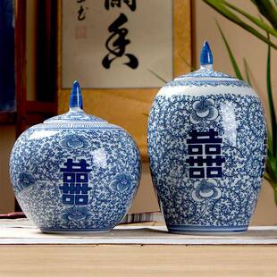 喜字中式陶瓷花瓶青花瓷宝瓶新中式玄关陶瓷花瓶陶瓷摆件中式陶瓷