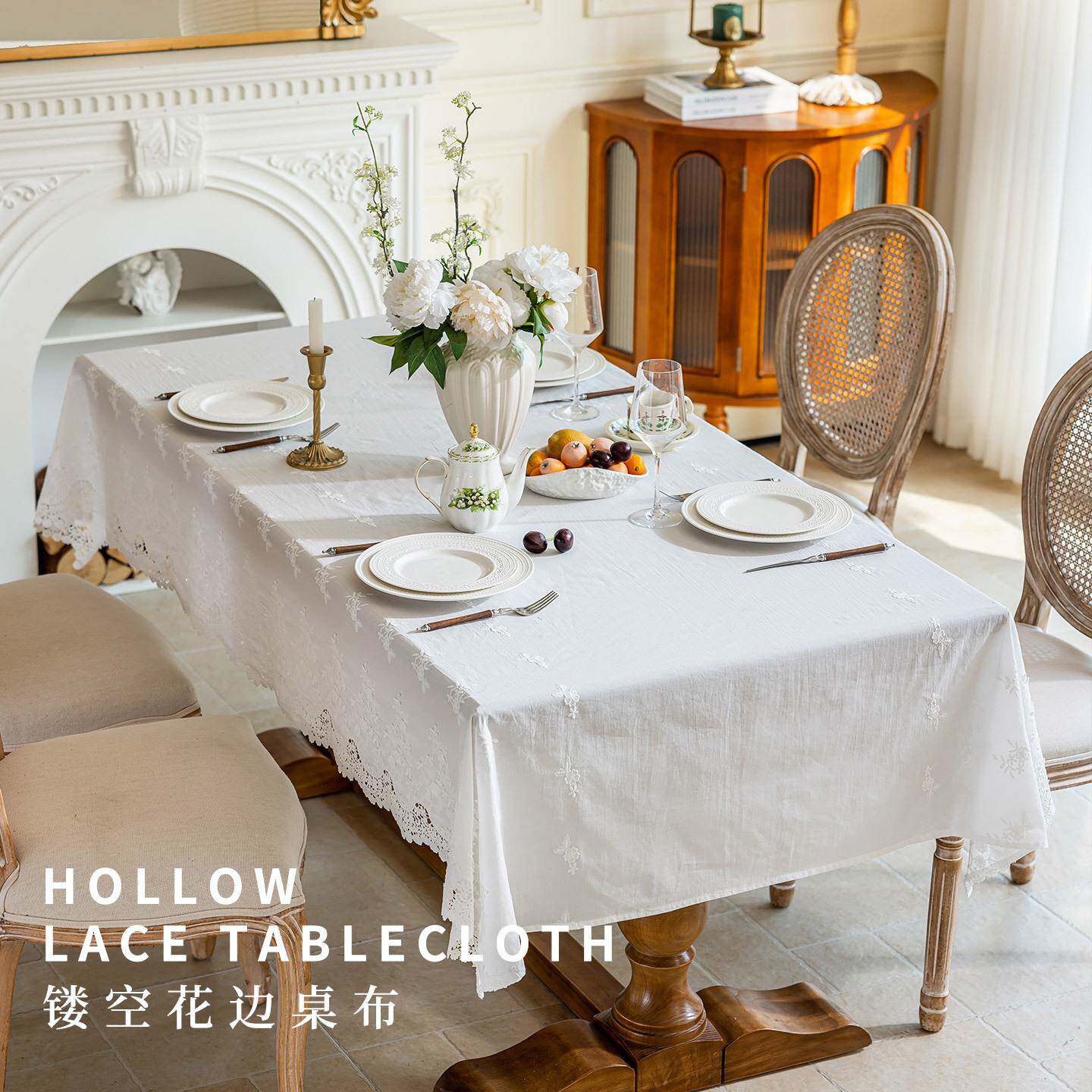 小白鼠家饰家居布艺纯白镂空花边方桌桌布纯棉精致典雅桌布餐桌布