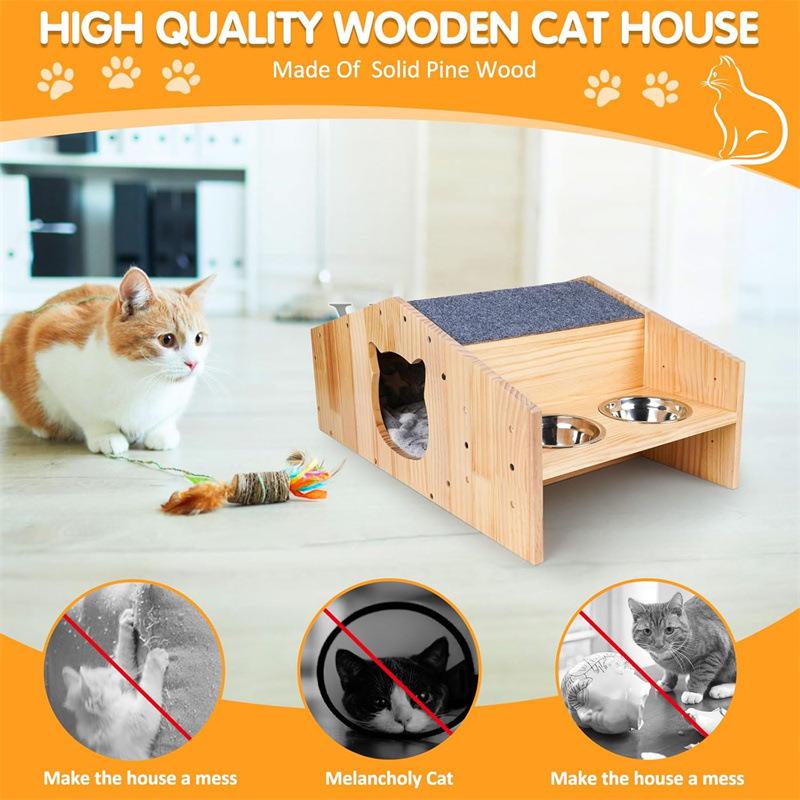 木制家用宠物猫屋耐磨猫抓板带喂食器木质猫窝