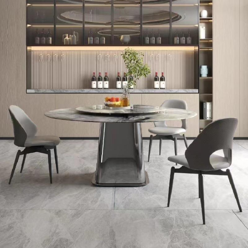 意式极简超晶石圆桌带转盘设计师款不锈钢底座现代简约小户型饭桌