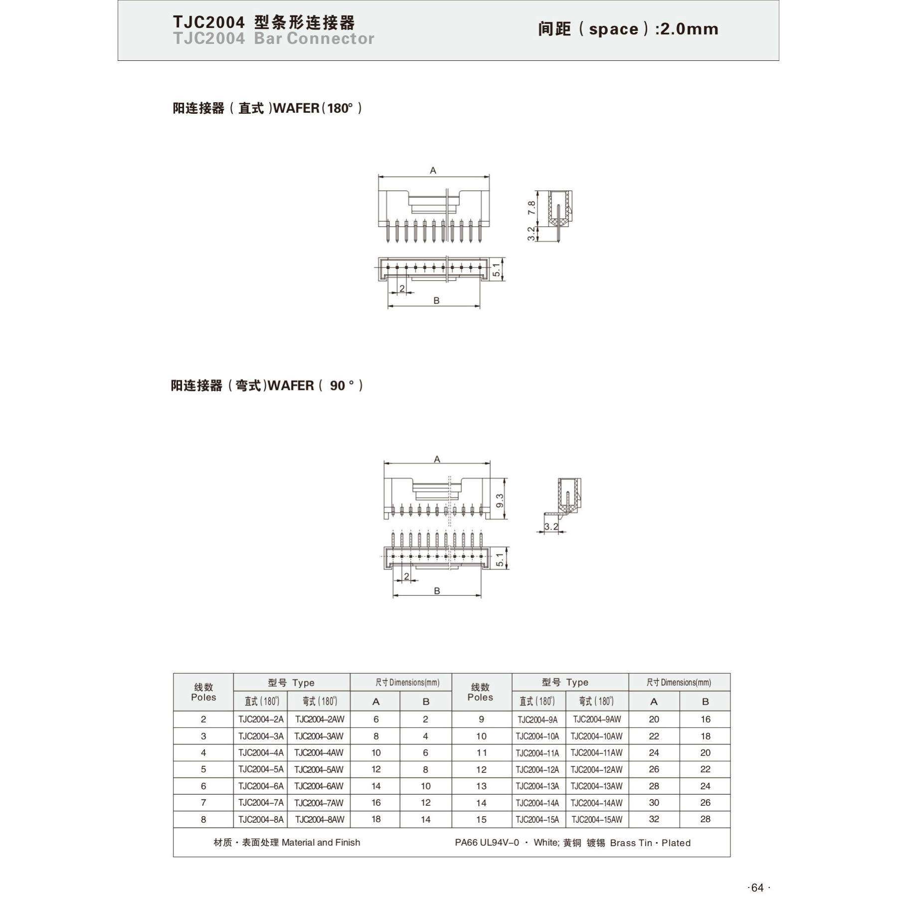 CWB合兴连接器TJC2004-2AW 3AW4A56A78带锁接插件2.0mm焊板弯针座
