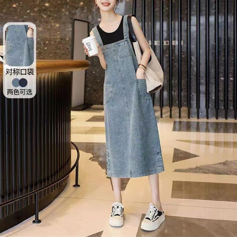 高档洋气牛仔背带裙女中长款2025夏季新款韩版遮肉显瘦连衣裙子潮