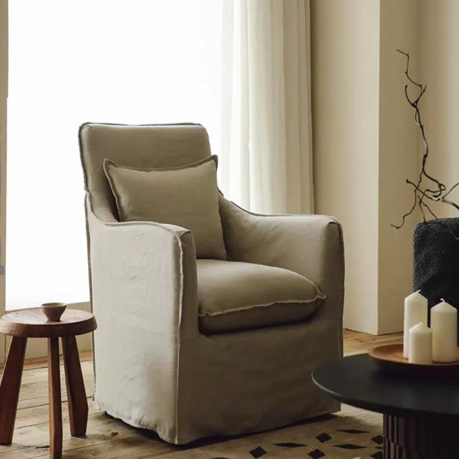 日式侘寂风民宿可拆洗亚麻单人沙发复古简约客厅酒店设计师休闲椅