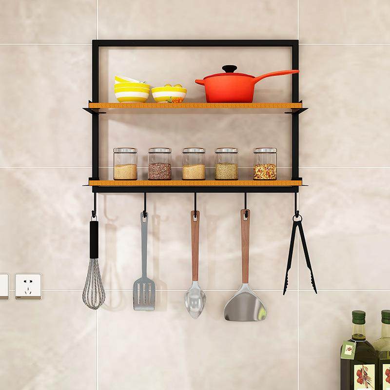 厨房墙体收纳壁挂调味料铁艺实木墙壁隔板餐厅墙上杯子挂钩置物架