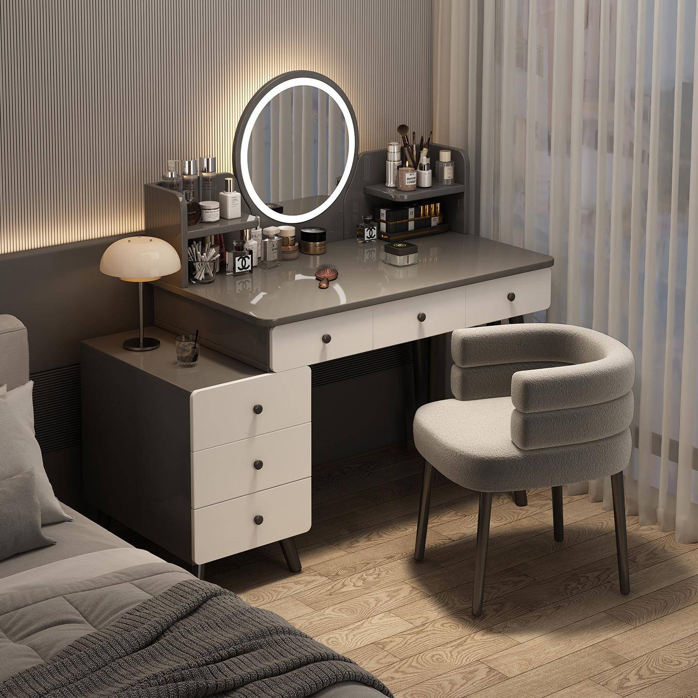 2025新款梳妆台卧室简约现代化妆桌女生卧室床头转角收纳斗柜一体