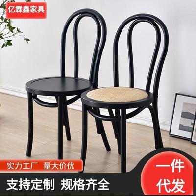 美式休闲咖啡椅复古实木藤编餐椅家用民宿做旧中古靠背椅索耐特椅