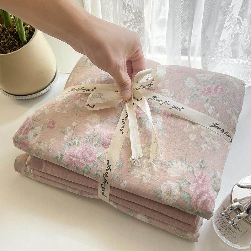 提花针织棉双层纱四件套床笠款双人小碎花床单被套单人三件套