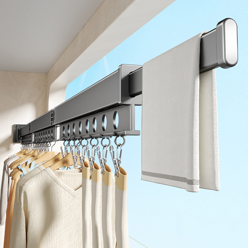 折叠白色晾衣架免打孔阳台家用晾衣杆晒被子神器隐形晒衣服壁挂式