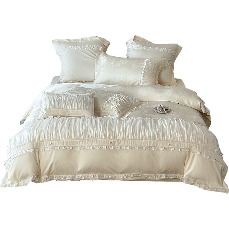 法式褶皱蕾丝花边天丝棉四件套床单公主风提花被套床品香槟色